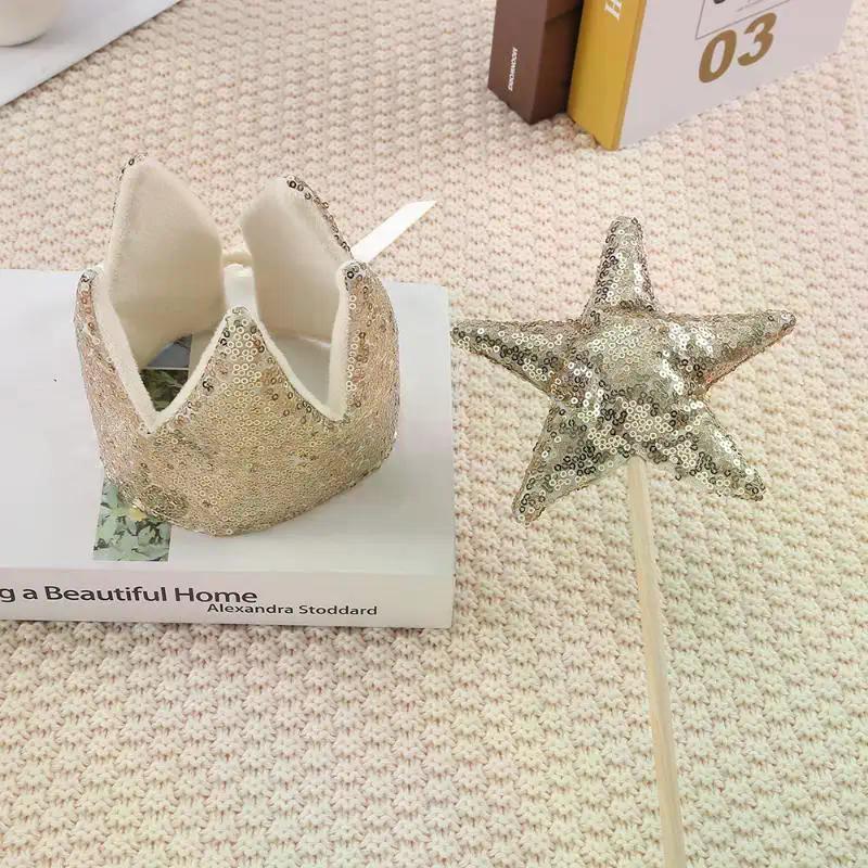 INS Baby Shower Girl Glitter Pink Crown Boy Birthday Party Headwear Stage Performance Headband Star Fairy Stick