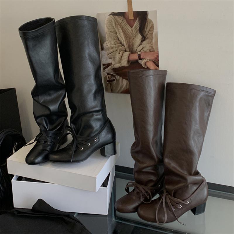 Fashion Eilyken Designer Lace-up Pleated Knee-High Boots Woman Square Low Heels Long Booties Autumn Winter Round Toe Female Shoes