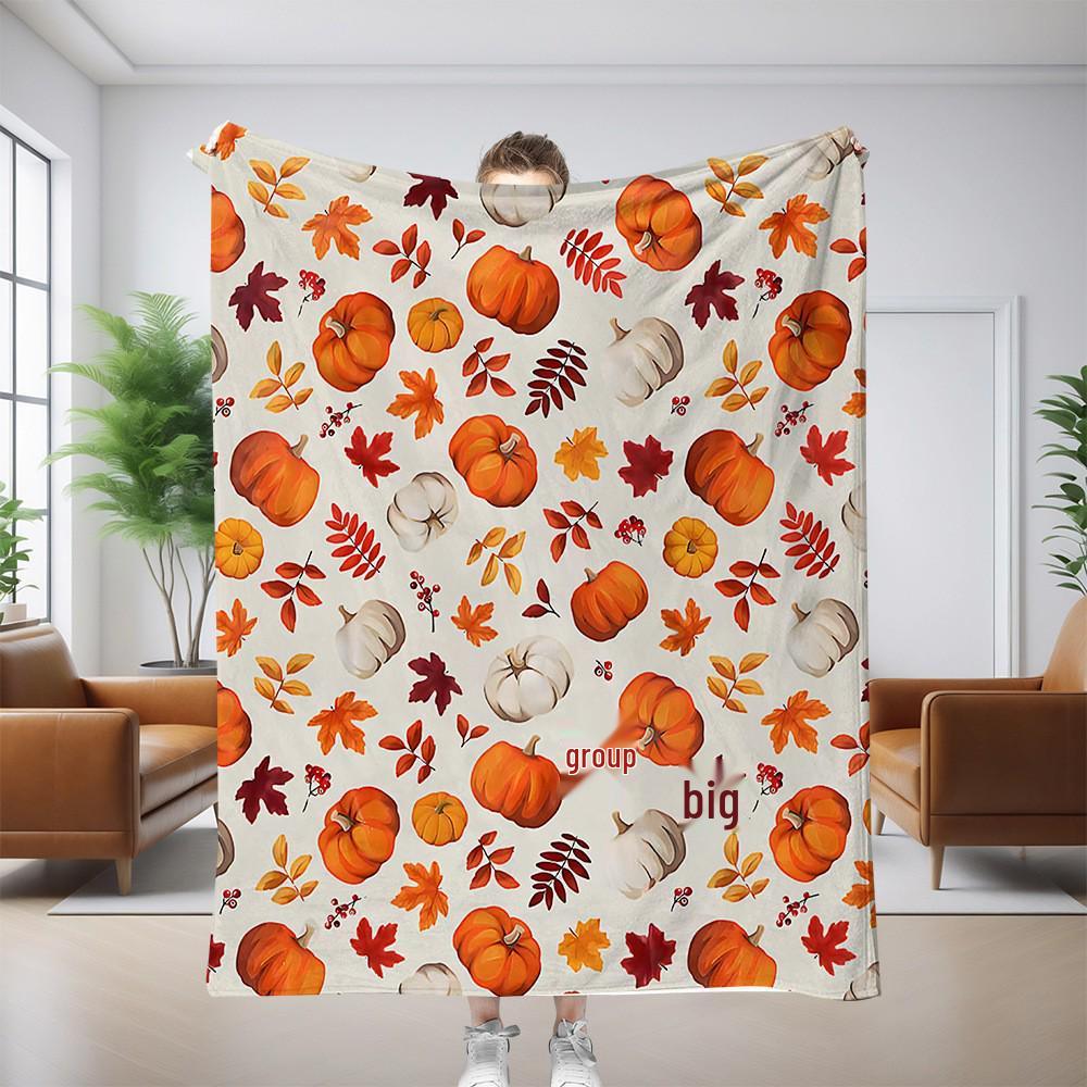 Thanksgiving Flannel Blanket - Maple Leaf & Pumpkin Design Throw for Sofa Decoration