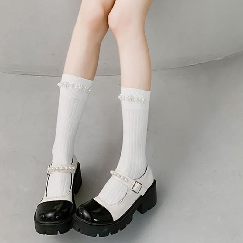 Simple Pearl Knee High Socks Cotton Calf Socks Sweet Knee High Stockings Lolitas Princess Socks for Womens Girls Gifts