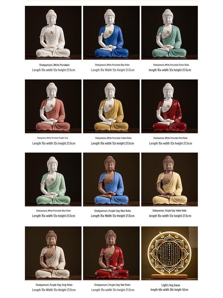 Keramik Shakyamuni Buddha Statue - Wohnzimmer Kunstwerk mit den Drei Heiligen und Lichtkreis Design
