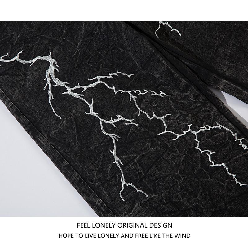 2025 Niche Embroidered Lightning Loose Jeans for Men & Women - Casual Street Style Straight-Leg Floor-Length Pants