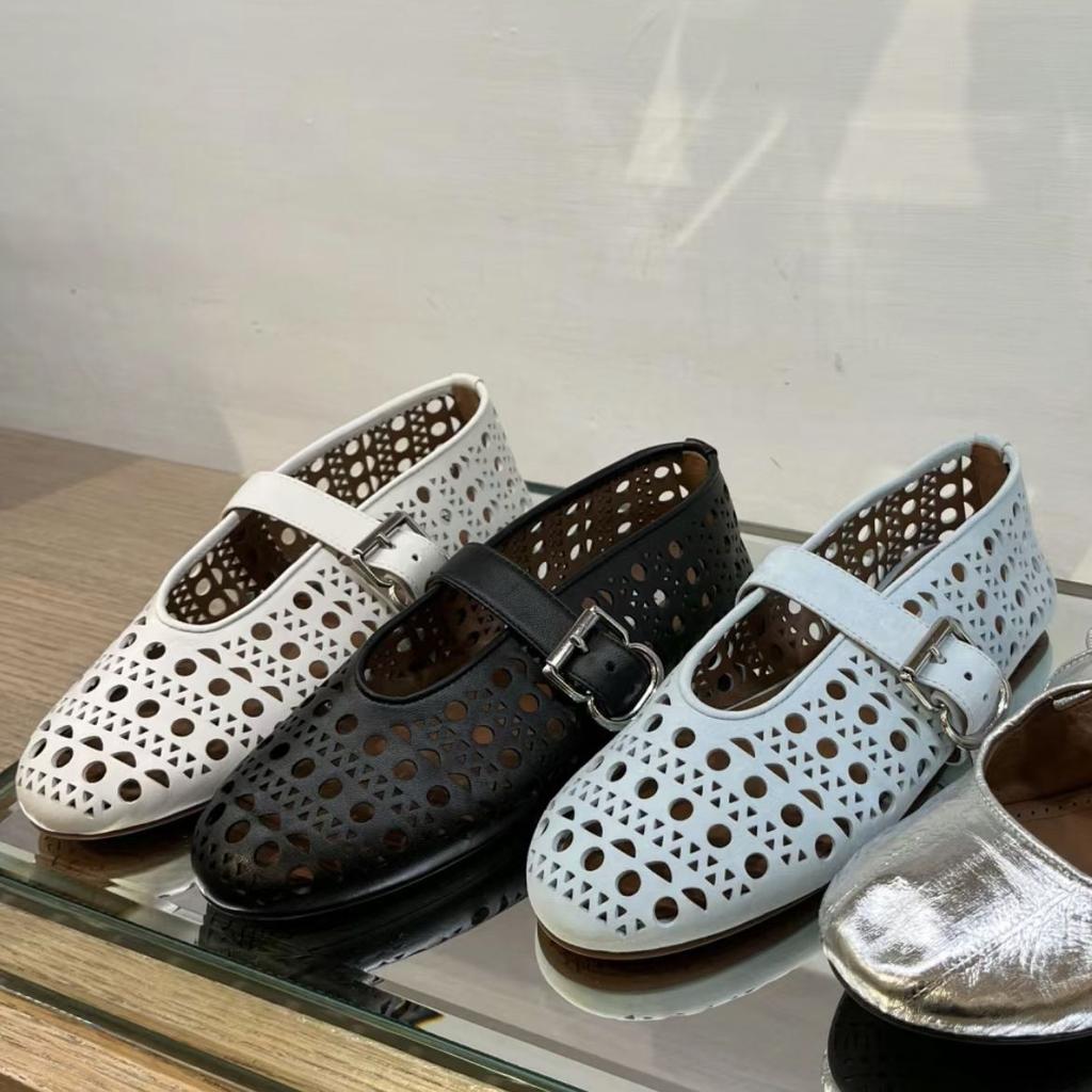 Spring and summer leather shallow mouth one-word buckle belt hollow round head flat sole shoes women's ballet boat shoes leather shoes