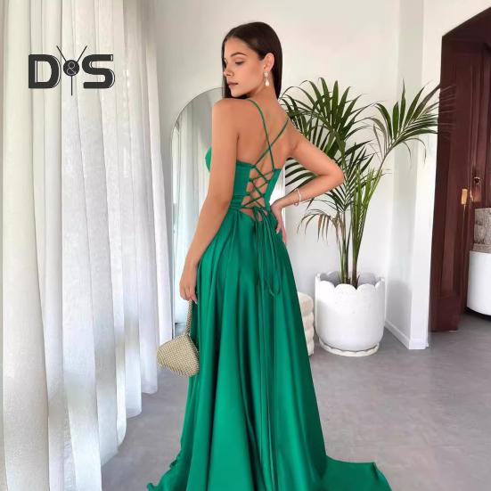 Lady Evening Dress Low-cut Collarless Lace-up Hollow Back Sleeveless Pleated Spaghetti Strap Floor Length Maxi Dress Slim Fit High Slit Solid Color