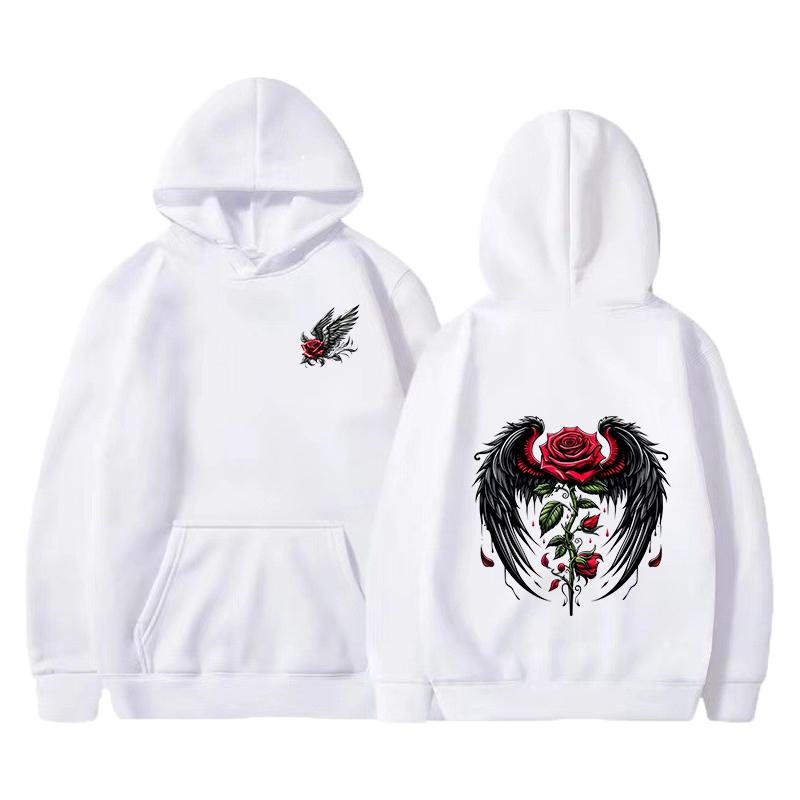 Rose wing pattern printed hoodie fashion trend brand autumn and winter loose hoodie Y2K hip-hop street wear men's and women's pu