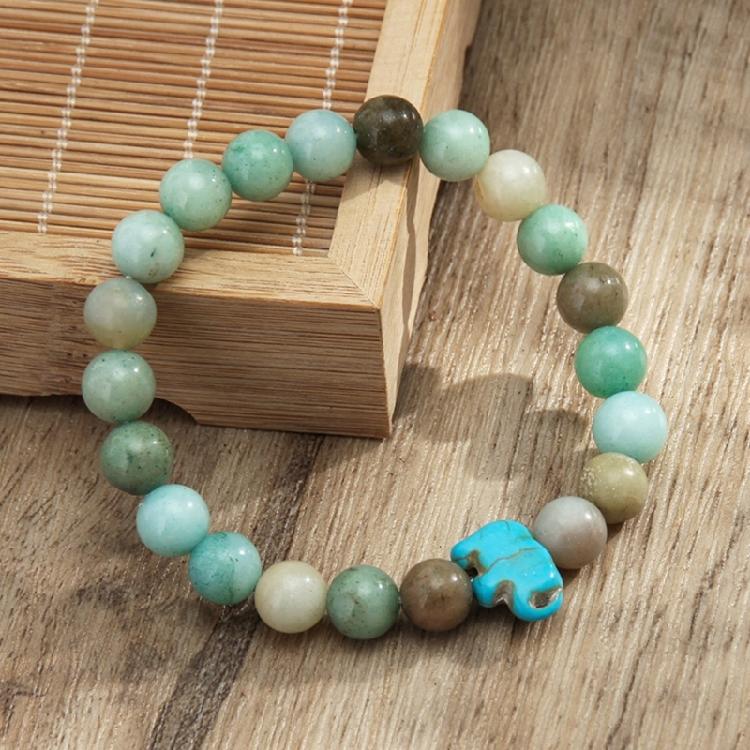8MM Round Gemstones Bracelet With Turquoise Accent And Elephant Charm Perfect For Adding A Natural Touch To Outfits