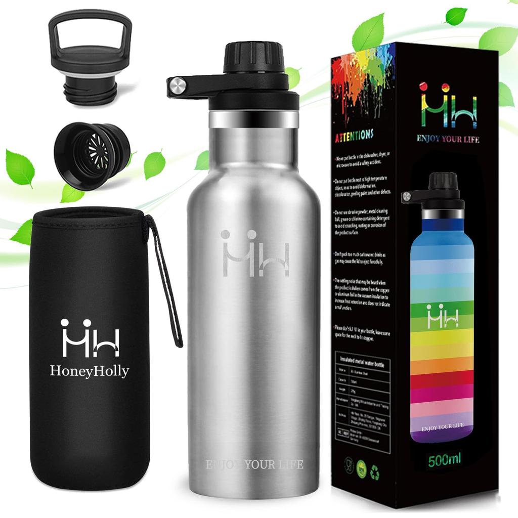 YANGYAO 500ml Direct Drinking Water Bottle with Cloth Vacuum Insulated Stainless Keeps Hot or Two Lids Lightweight Sports Stylish for Outdoor Silver