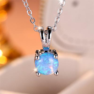 Cute Female Small Round Fire Opal Stone Pendant Necklace Vintage Silver Color Wedding  Gift For Women