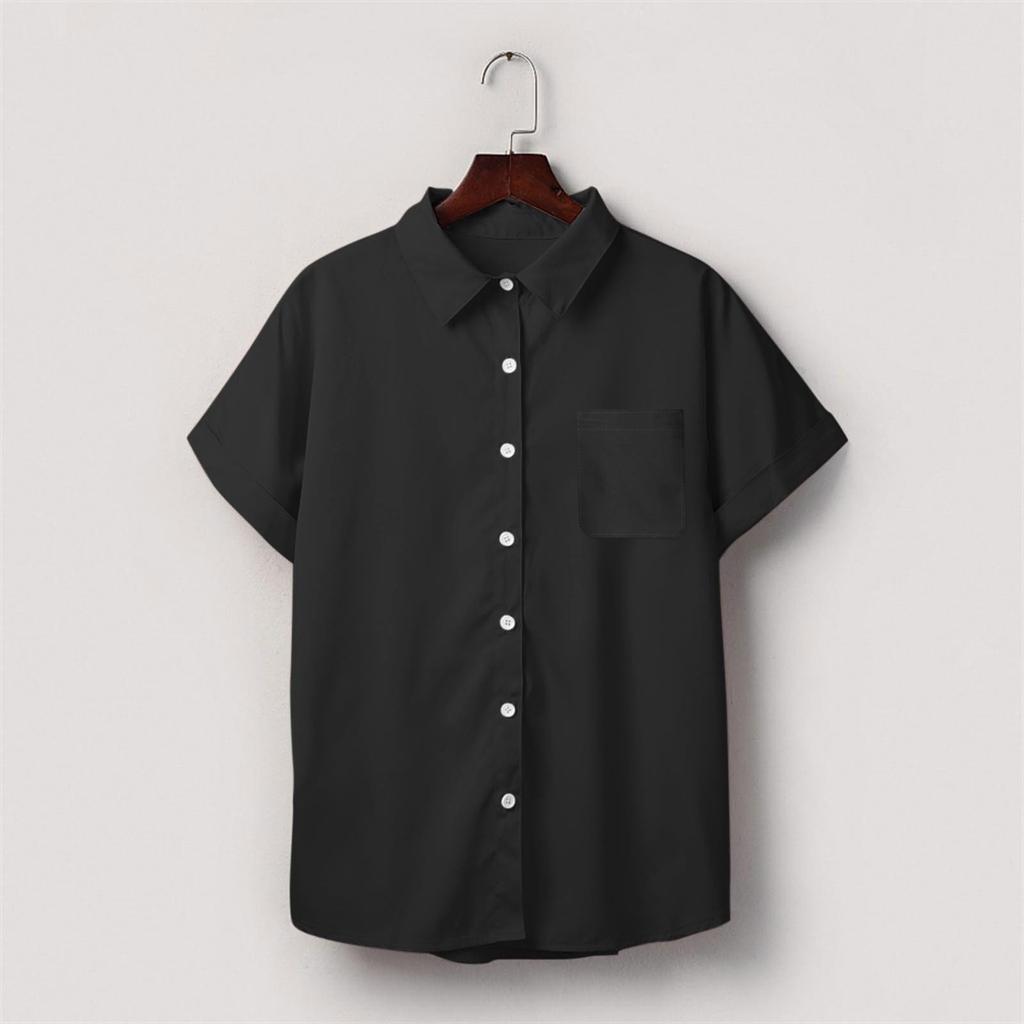 Women's Fashionable Casual Pocket Short-sleeved Collared Shirt Top