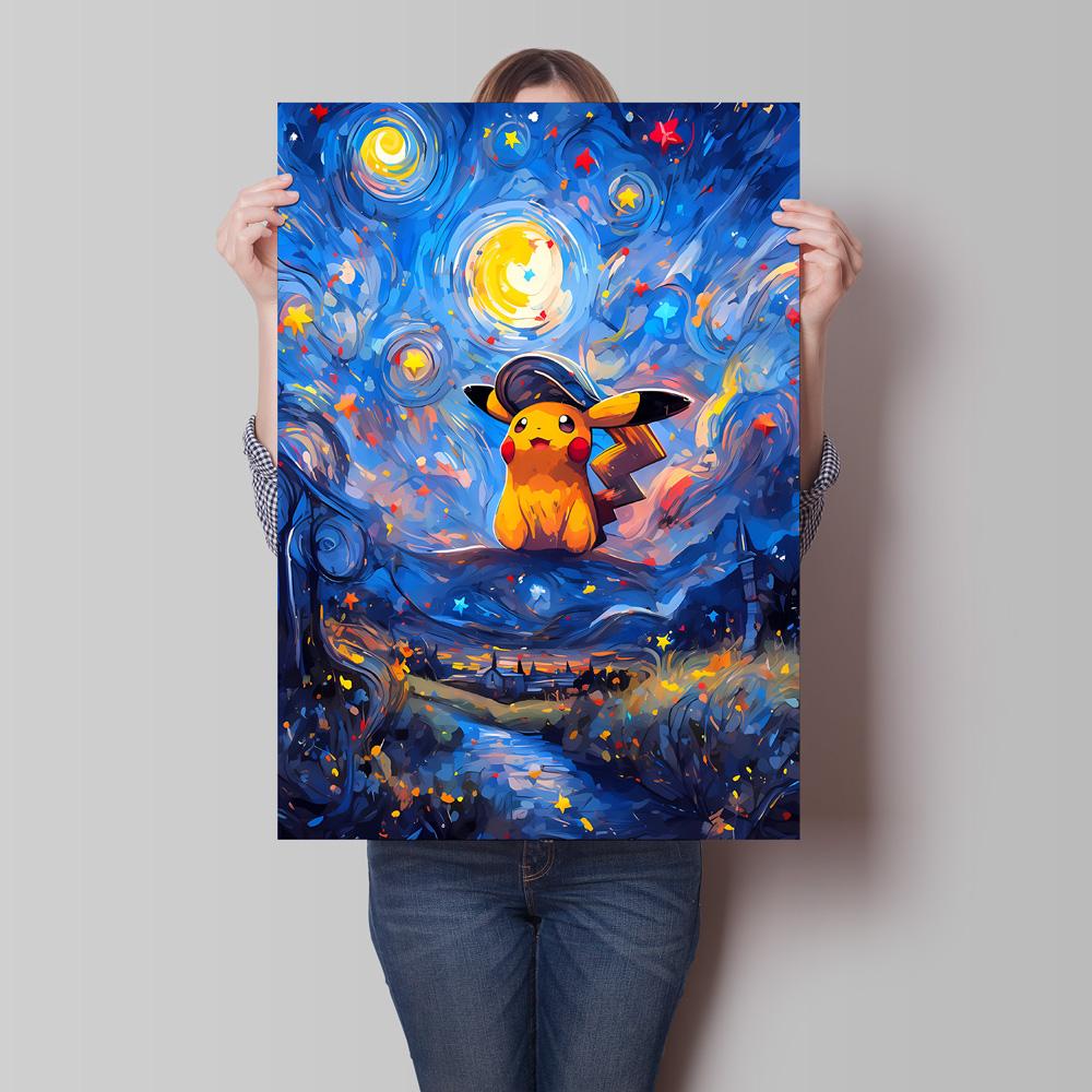 Classic Canvas Painting  Pikachu Anime Figures Van Gogh Poster Prints Hd Home Room Comics Pictures Decor Holiday Gift