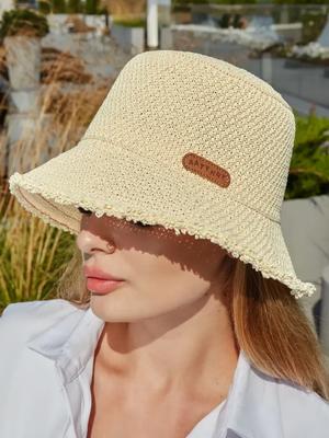 Damen Sommer gestrickter Stroh-Eimerhut - Atmungsaktiver Sonnenhut mit ausgefranstem Rand, UV-Schutz, lässige Fischerkappe für Strandreisen
