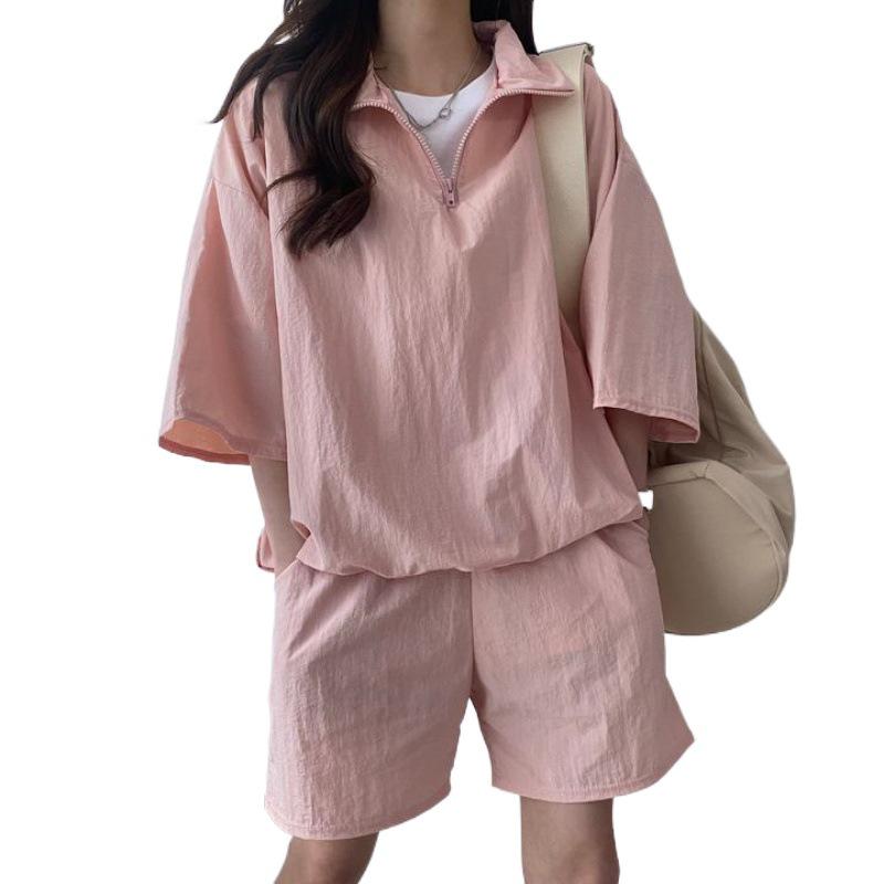 Women's Two-Piece Summer Sportswear: High Neck Zip Top & Loose Shorts Set