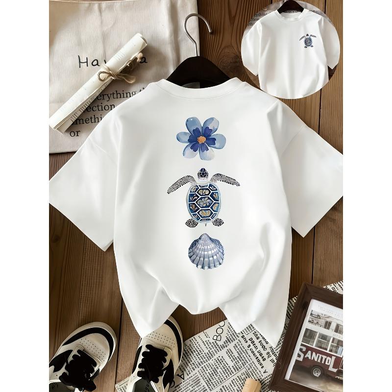 Exquisite Directional Casual Short-Sleeve Crew Neck T-Shirt - Breathable Summer Top with Floral and Shell Starfish