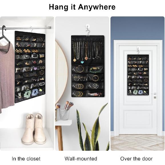 Hanging Jewelry Organizer for Closet, Double-Sided 48 Pockets & 8 Necklaces Holder Jewelry Hanging Organizer to Store Earrings, Necklaces, Bracelets,