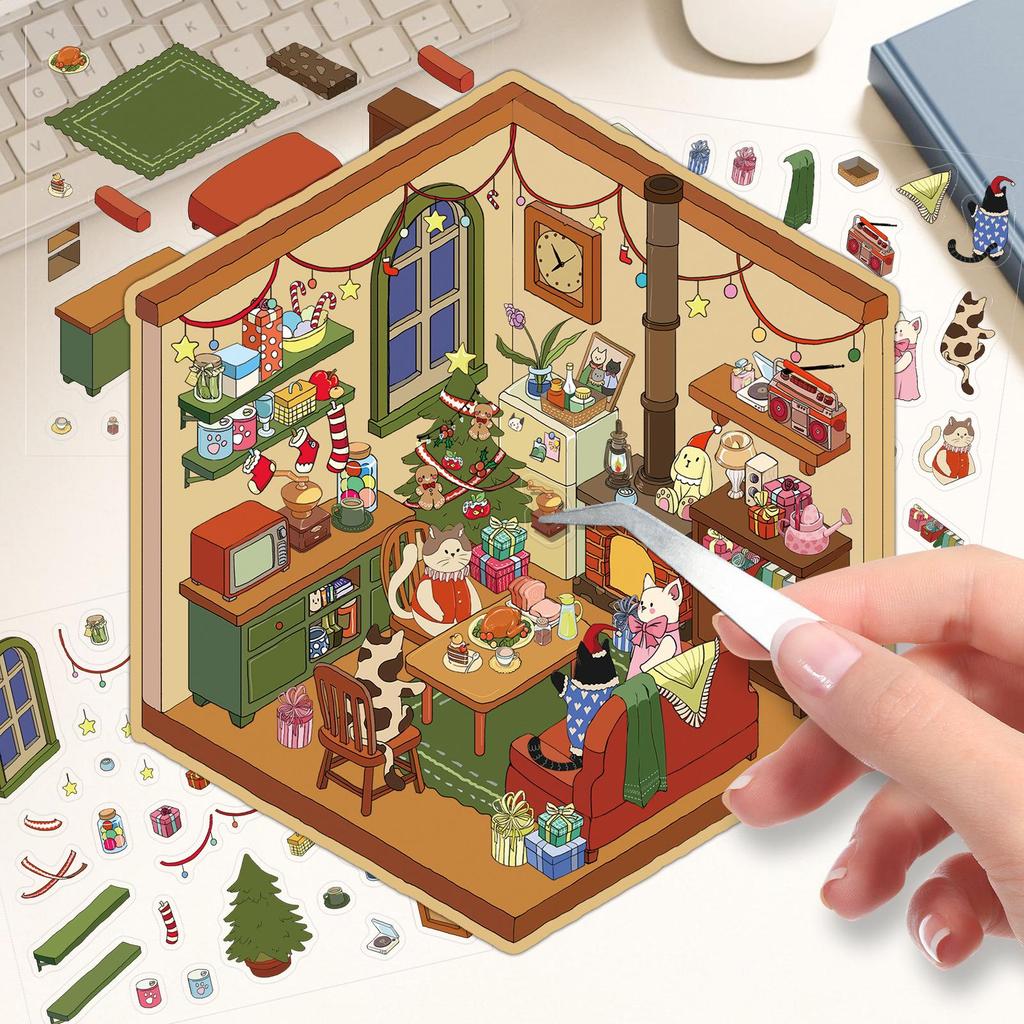 3D Christmas Cat Cabin Scenery Stickers - DIY Miniature Collage & Decompression Fun