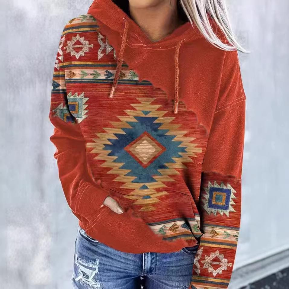 Women Western Ethnic Style Printed Hooded Sweatshirt Fall Winter