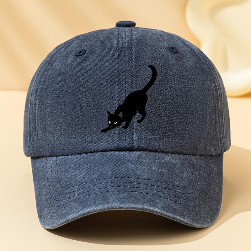 Classic European And American Style Black Cat Printed Baseball Cap for Men, Featuring a Washed Vintage Design, Adjustable Size,