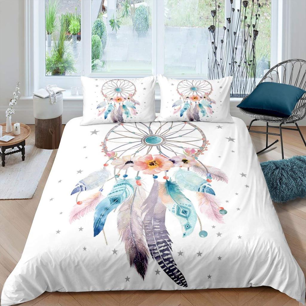 Dream Catcher Duvet Cover Set Purple Bedding Set Chic Boho Mandala Floral Feather Design Galaxy Comforter Cover Set Queen Size