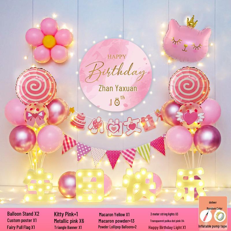 Happy Birthday Balloons for 7-8-Year-Old Girls - Home Party Decoration and Background Wall Decor