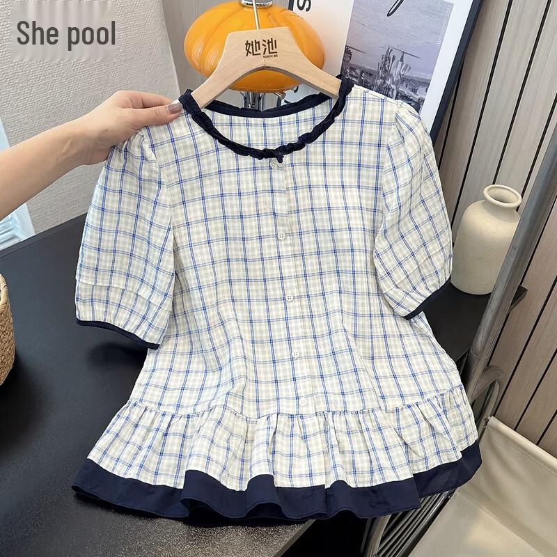 Women s Retro Plaid Ruffle Short-Sleeved Blouse L