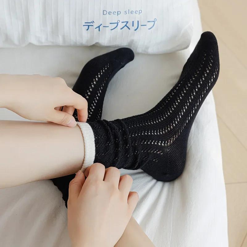 Summer Women Socks Hollow Out Mesh Thin Breathable Elastic Long Socks Korean Fashion Solid Color School Girls Crew Socks Women