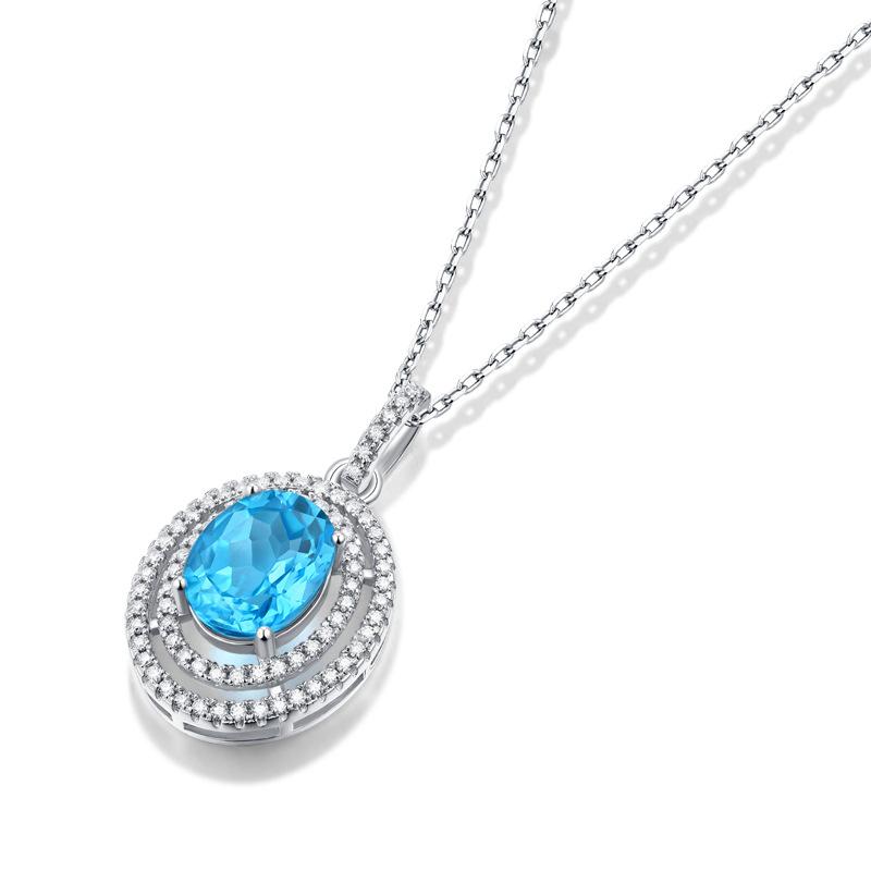 Tancise S925 Sterling Silver Sea Blue Topaz Luxury Personality Pendant Necklace Women's Classic Tide Sugar Full of Wild Clavicle Chain.
