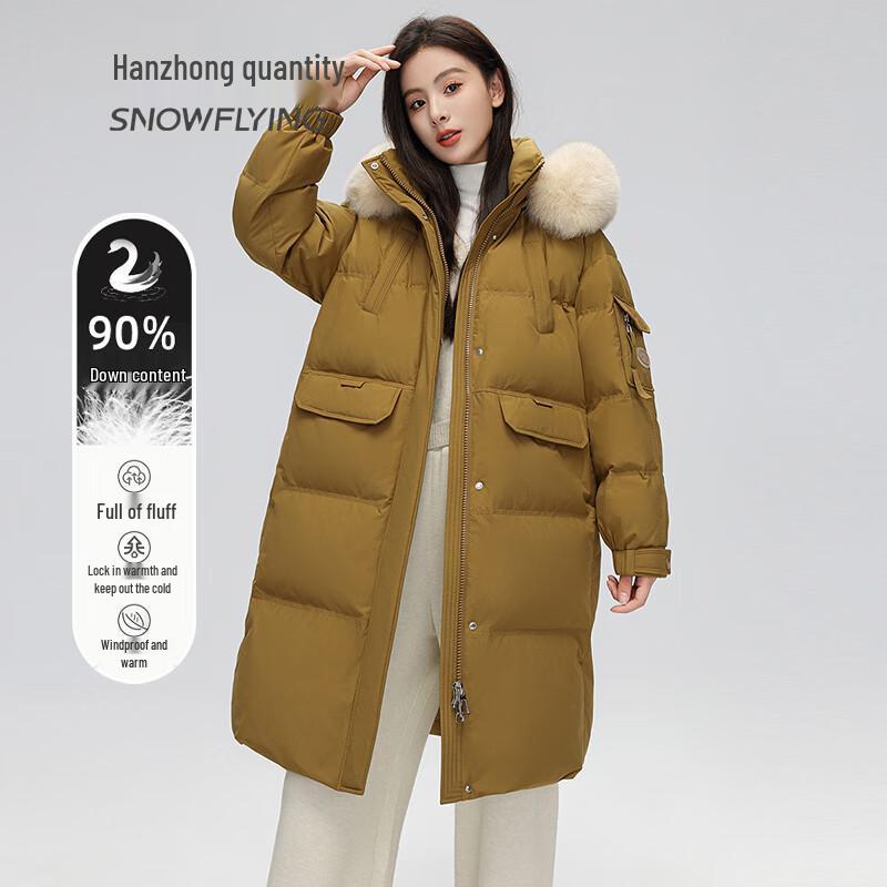 SNOWFLYING Women's Mid-length Down Jacket with Fox Fur Collar