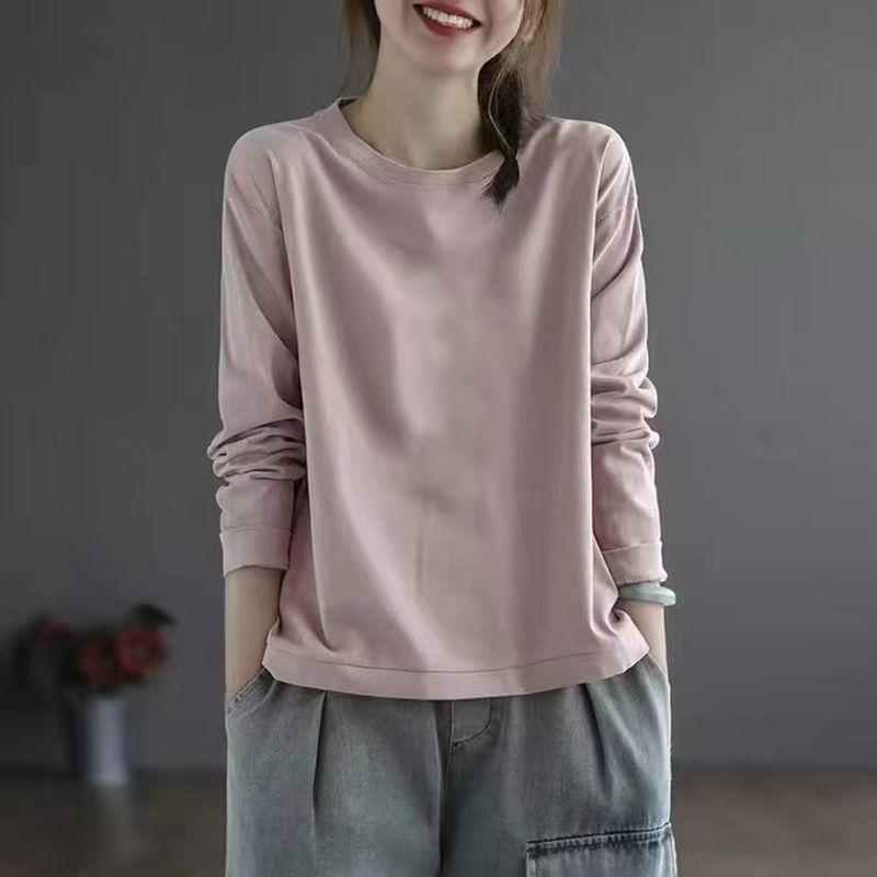 

Экспортный прилавок большого бренда Большая распродажа Ретро Белый Чистый хлопок круглый вырез Женский Принт Длинные рукава Молодежный Трикотаж Блузка Внутренняя одежда Блузка Pink pure color] 2XL