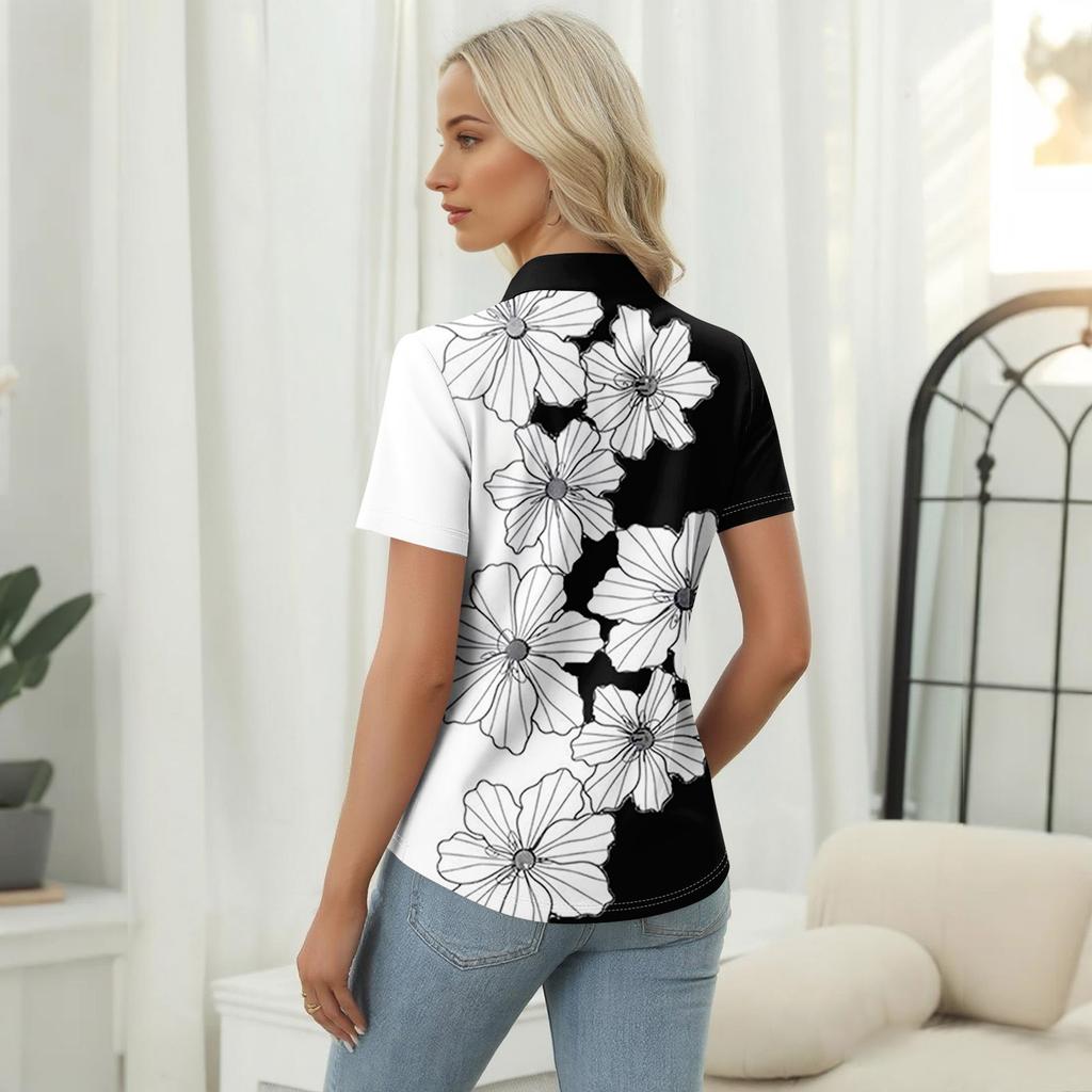 Women's Casual Floral Print V-Neck Short Sleeve Decorative Button T-Shirt Top