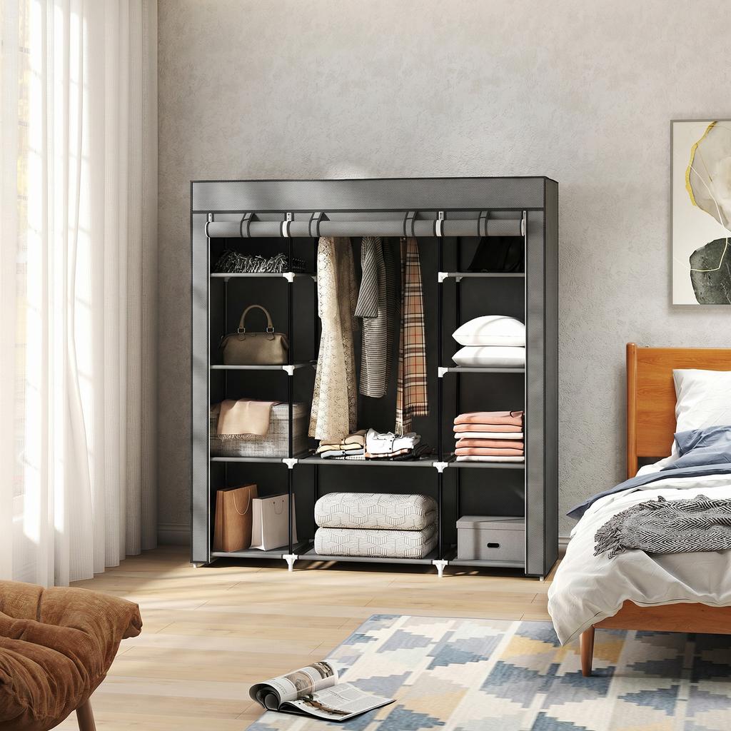 Clothes Storage Organiser with Hanging Rail, Shelves, Portable Wardrobe, Foldable Fabric Wardrobe, Dark Grey