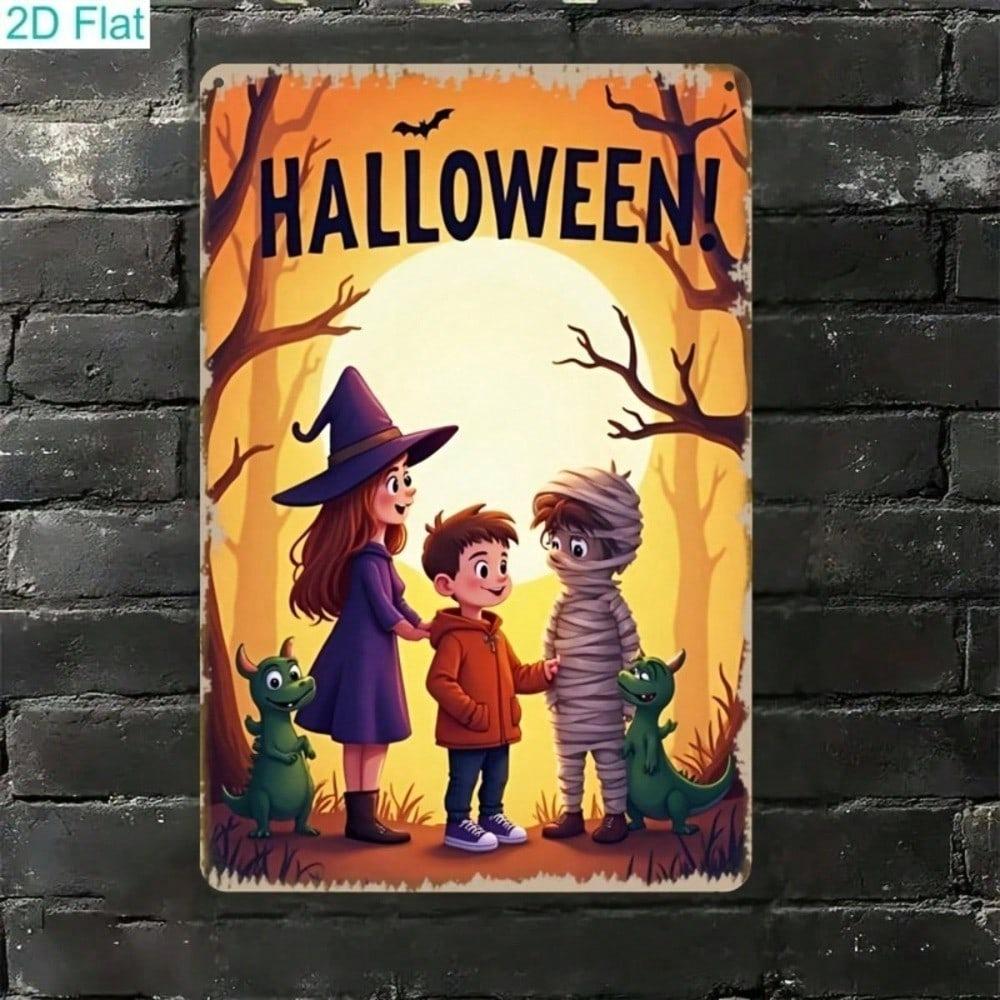Halloween Metal Sign 2D Flat Spooky Witch Mummy Dragon, Vintage Funny Wall Decor for Haunted House Bar Cafe Party