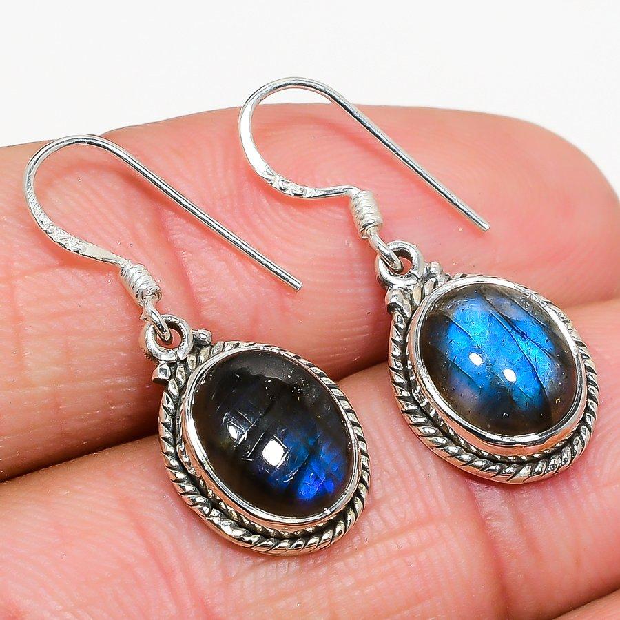 Natural Labradorite Gemstone 925 Solid Sterling Silver Gift Earring 1.25" D5p64