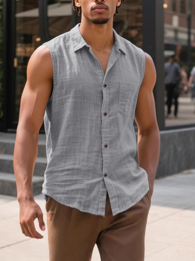 Camicia da uomo casual europea senza maniche in lino con bavero
