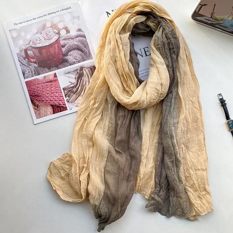 Retro Ethnic Style Cotton and Linen Scarf Women's Tie Dye Long Pleated Gradient Shawl Korean Artistic Fresh Fashion Trends