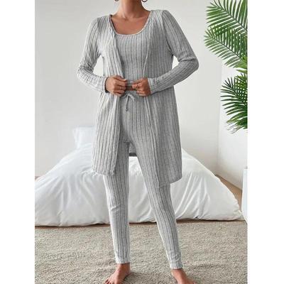 New Stylish Round Neck Ribbed Solid Color Women's Three-Piece Set