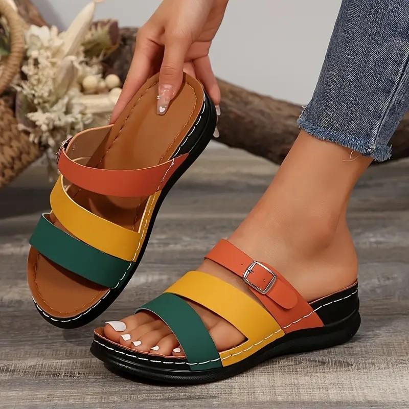 Color Matching Slope Heel Thick Bottom Cool Slippers Women S Summer OpenToed European And American Large Size One-Word Beach Slippers 36 оранжевый