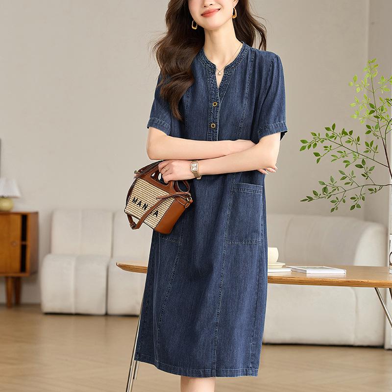 Retro Women's Slimming Short-Sleeve Denim Dress - 2024 Summer Casual Loose Fit