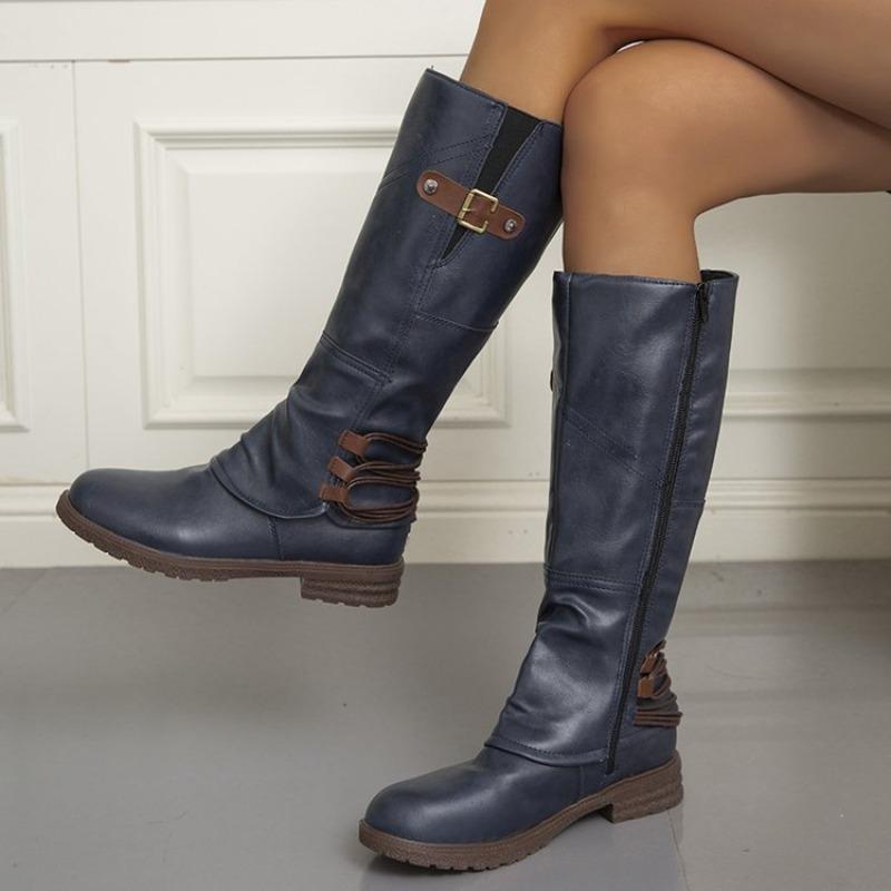Fashion Autumn and Winter New Knee High Boots for Women Leather Square Low Heel High Boots Roman Style Belt Buckle Long Botas