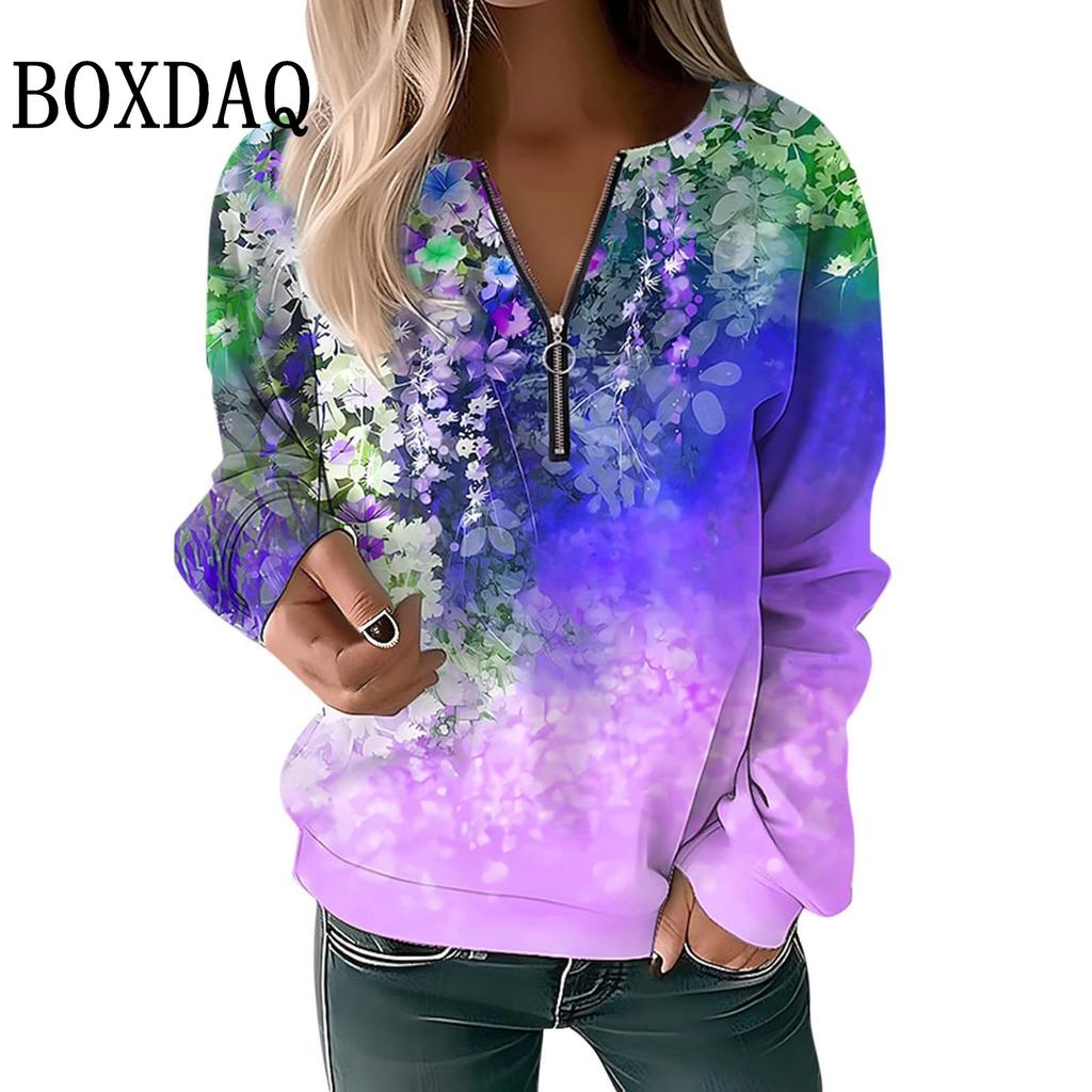 Tie Dye Farbverlauf Blumen 3D Gedruckte Hoodies Für Damen Herbst Winter Sweatshirts Langarm V-Ausschnitt Reißverschluss Lässige Sport Oberteile