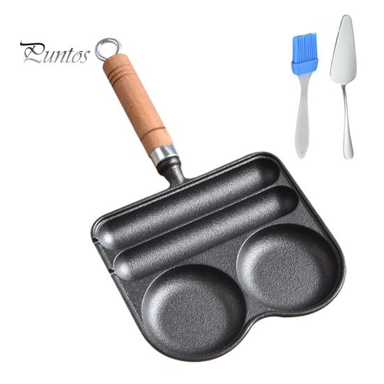4-Cup Frying Pan Cast Iron Omelette Pan Non-Stick Coating Heat-Resistant Wooden Handle for Even Heating Sausage Pan for Gas Stove