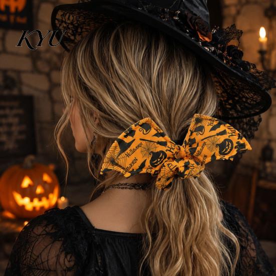 Halloween Hair Ties for Women Bat Shape Scrunchies Girls, Soft Elastic Ponytail Holders with Spooky Pumpkin/Spider Web/Black Cat Prints Holiday Party