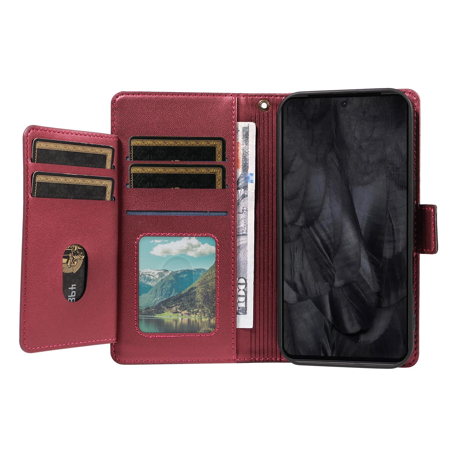 

For Google Pixel 8 Pro Case with Multi-Card Holder and Strap PU Leather Phone Cover Stand Black