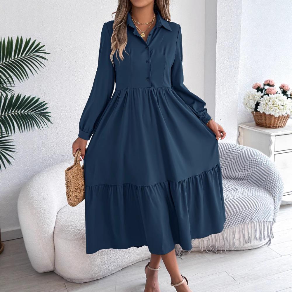 Women's Long Skirt Lapel Casual Loose Long Sleeve Ruffle Shirt Dress Fashion Dresses