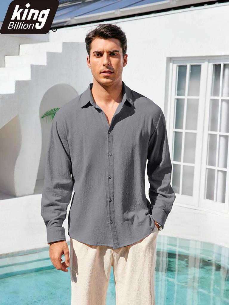 Spring Summer Men's Cotton Linen Shirt Long Sleeve Solid Color Casual Vacation Beach Lightweight Cozy Shirt