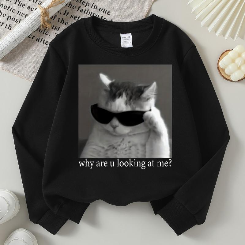 Kids Crewneck Long Sleeve Sweatshirt,Cool Cat Wearing Sunglasses Print 110