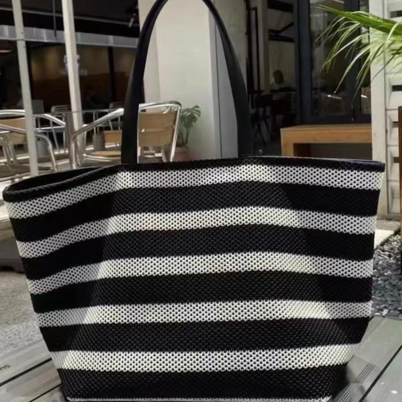 Premium black and white striped tote bag woven large capacity shoulder women's bag lazy wind lightweight vacation bag shopping bag