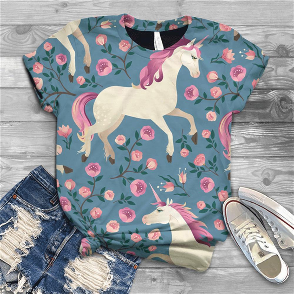 Women's T-shirt Short Sleeve Summer Everyday Animation Horse Digital 3D Print Sexy Diagonal Collar Top Loose Female Pullover