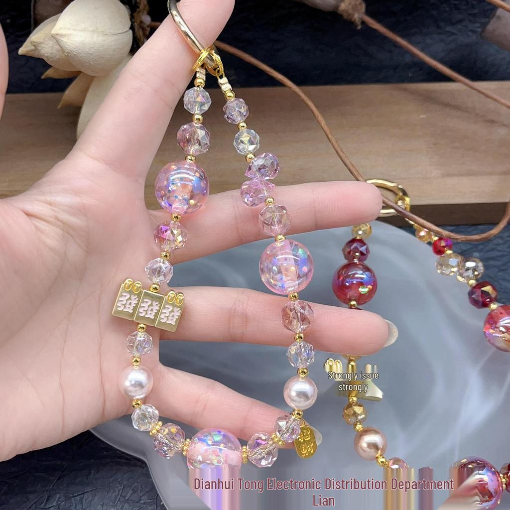 New Year Crystal Beaded Wrist Lanyard & Phone Charm Keychain