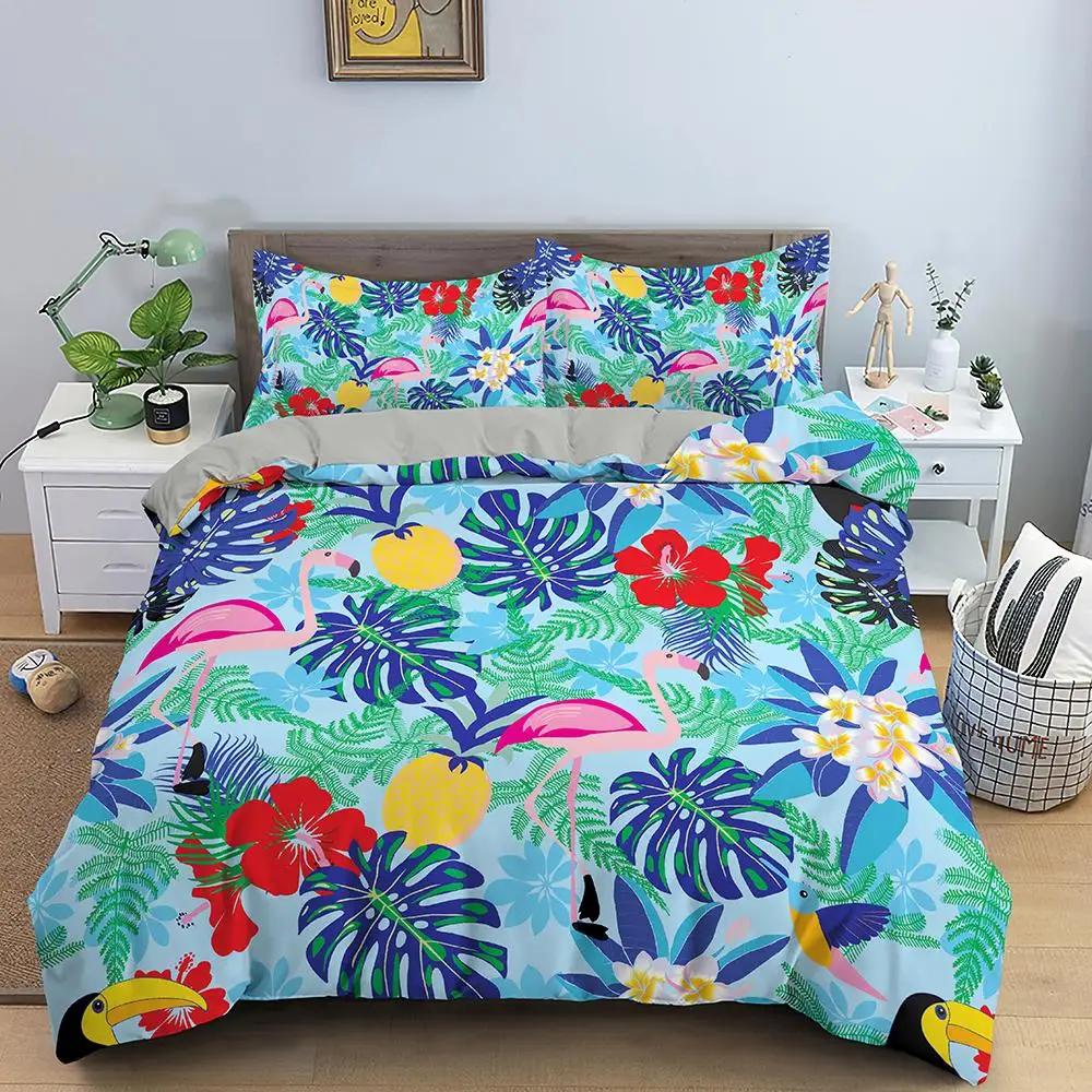 Flamingo Duvet Cover Set Purple Tropical Botanical Bedding Set Coral Flamingo Soft Breathable Queen King Polyester Quilt Cover
