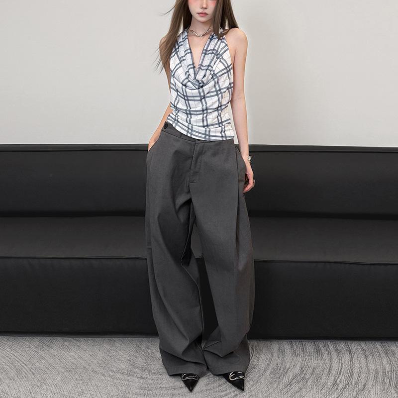European and American Style Summer New Women's Clothing Fashion Casual Simple Neck Backless Design Plaid Sleeveless Small Vest